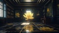 Elegant luxury black library room with lotus oil paintings and yellow lotus statue Royalty Free Stock Photo