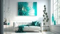 Elegant luxury modern white living room with turquoise abstract oil painting Royalty Free Stock Photo