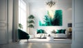 Elegant luxury modern white living room with turquoise abstract oil painting Royalty Free Stock Photo