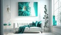Elegant luxury modern white living room with turquoise abstract oil painting Royalty Free Stock Photo