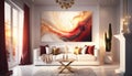 Elegant luxury modern white living room with yellow and orange abstract oil painting Royalty Free Stock Photo