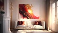 Elegant luxury modern white living room with yellow and orange abstract oil painting Royalty Free Stock Photo