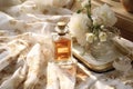 Elegant luxury perfume bottle on opulent fabric, evoking sophistication and refinement