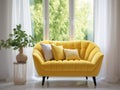 Elegant luxury upholstered yellow loveseat sofa against of window dressed with white curtain. Minimalist interior design