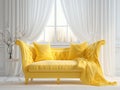 Elegant luxury upholstered yellow loveseat sofa against of window dressed with white curtain. Minimalist interior design