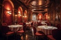 Elegant luxury vintage restaurant interior with red chairs, white tablecloths, and ornate wood paneling, baroque style