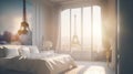 Elegant luxury white bedroom with the Eiffel Tower photo and view of the Eiffel Tower Royalty Free Stock Photo