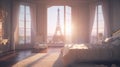 Elegant luxury white bedroom with view of the Eiffel Tower Royalty Free Stock Photo