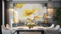 Elegant luxury white dinning room with lotus oil painting in yellow, gold and white Royalty Free Stock Photo