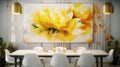 Elegant luxury white dinning room with lotus oil painting in yellow, silver and white Royalty Free Stock Photo