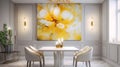 Elegant luxury white dinning room with lotus oil painting in yellow, gold and white Royalty Free Stock Photo