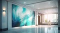 Elegant luxury white yoga, meditation or dancing room with abstract turquoise oil painting Royalty Free Stock Photo