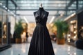 Elegant luxury women& x27;s black dress on a mannequin in window display in shopping center.