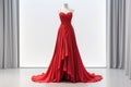 Elegant luxury women& x27;s red dress on a mannequin in window display in shopping center. Dress for reception or