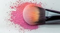 Elegant Makeup Brush with Soft Pink Powder, Close-Up of Beautiful Cosmetics Application Process Royalty Free Stock Photo