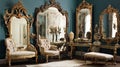 Elegant makeup room with different type of mirrors and sofas.