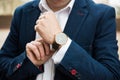 Elegant man in blue suit, business man`s hand with fashion no br Royalty Free Stock Photo