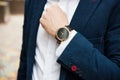 Elegant man in blue suit, business man`s hand with fashion no br Royalty Free Stock Photo