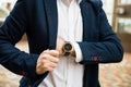 Elegant man in blue suit, business man`s hand with fashion no br Royalty Free Stock Photo