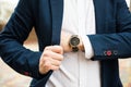 Elegant man in blue suit, business man`s hand with fashion no br Royalty Free Stock Photo