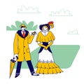 Elegant Man Dandy and Woman of Victorian Era. Gentleman in Frock Coat and Hat Look in Pocket Clock Hold Umbrella