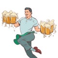 An elegant man with a mustache carries mugs of beer. Waiter in a bar, restaurant or tavern. Service staff, delivery