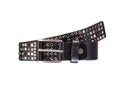 Elegant man`s black leather belt with metal rivets rolled up isolated on white Royalty Free Stock Photo