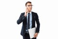 Elegant man, in a suit and glasses, talking on the phone and holding a laptop in his hand, on a white background Royalty Free Stock Photo