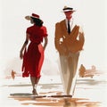 Elegant couple romantic vintage watercolour painting on beach