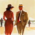 Elegant couple romantic vintage watercolour painting on beach