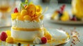 Elegant mango mousse cake with fresh berries on a cake stand