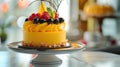 Elegant mango mousse cake with fresh berries on a cake stand
