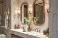 Elegant marble bathroom with double vanity and floral decor Royalty Free Stock Photo