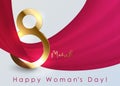 Elegant 8 March banner with gold 3d number 8 and flying pink red cloth ribbon on white background. March gold line luxury Royalty Free Stock Photo