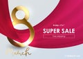 Elegant 8 March banner with gold 3d number 8, flying pink red cloth ribbon on white background. March luxury text. 8 day offer Royalty Free Stock Photo