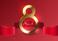 Elegant 8 March banner with gold 3d number 8 and red ribbon on red background. March gold line luxury text, red golden beads. Royalty Free Stock Photo