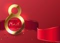 Elegant 8 March banner with gold 3d number 8 and red ribbon on red background. March gold line luxury text, red golden beads. Royalty Free Stock Photo