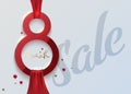 Elegant 8 March sale banner with red 3d number 8 and red ribbon on white background. March gold line luxury text, red golden beads