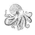 Marine octopus for blog, designer blank, marine animals. Vector illustration by Line for coloring