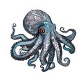 Elegant marine octopus for blog, designer blank, marine animals. Vector illustration by Line for coloring