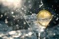 Elegant martini glass with a splash and lemon on a dark, moody backdrop Royalty Free Stock Photo