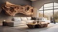 elegant massive wood root panel in room with beige corner sofa