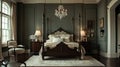 Elegant master bedroom with a stately four-poster bed, dark floors, and subtle colors, lit by a beautiful classic