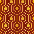 Elegant meandering hexagon and stars design in red with gold foil effect. Seamless vector pattern. Perfect for Christmas