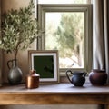 Elegant Mediterranean home interior. Summer home still life created with Generative AI Royalty Free Stock Photo