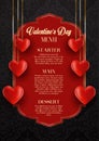 Valentine`s Day menu design with hanging hearts