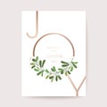 Elegant Merry Christmas And New Year Card With Green Mistletoe Wreath, Winter Floral Plants Design Illustration