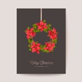 Elegant Merry Christmas and New Year Card with Poinsettia Realistic Flowers, Floral Wreath