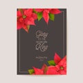 Elegant Merry Christmas and New Year Card with Poinsettia Realistic Flowers, Floral Wreath