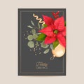 Elegant Merry Christmas and New Year Card with Poinsettia Realistic Flowers, Mistletoe. Winter 3d plants design